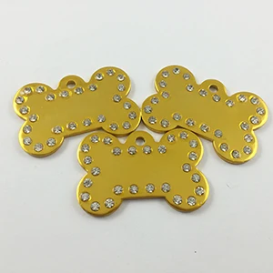Gold 50 шт./партия, алюминиевые Жетоны для питомцев в форме кости со стразами и кристаллами для кошек, индивидуальная гравировка на заказ - Цвет: Gold