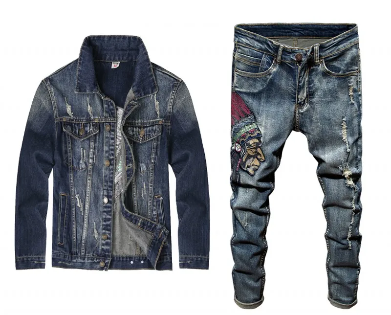 coat pant Весна, новейшая мода, мужские комплекты, винтажные, с вышивкой, в стиле панк, с длинным рукавом, Campera Hombre, рваные, джинсовые штаны, мужской костюм - Цвет: coat pant