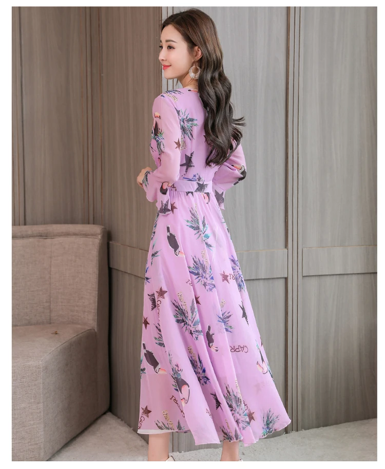 High quality Autumn New Arrival Plus Size S-XXXL Fashion V Collar Flare Sleeve Flower Printed Woman Long Chiffon Dress