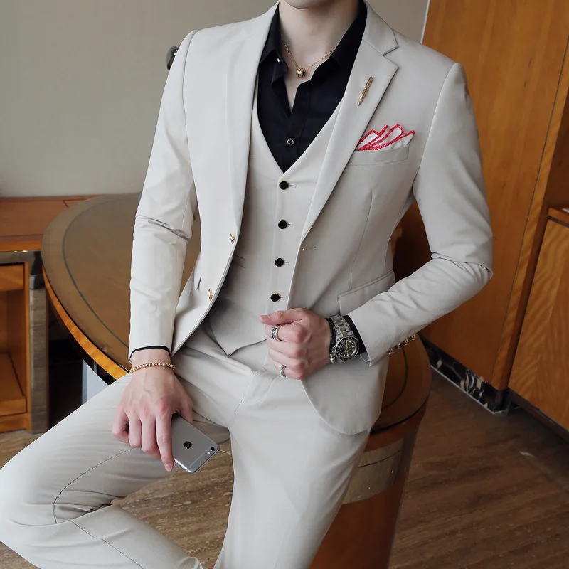 Мужской костюм модный тянущийся Однотонный мужской свадебный комплект из трех