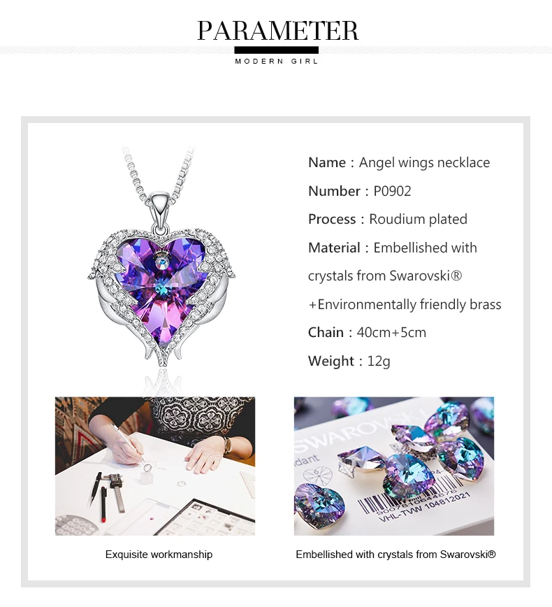 CDE женское серебряное ожерелье украшено кристаллами от Swarovski ожерелье крылья Ангела сердце кулон подарок на день Святого Валентина