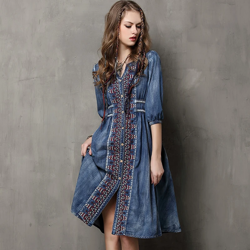

National Embroidery Vintage Dress for Ladies V-neck Single Breasted Half Sleeve Jeans Denim Dresses Women #170360