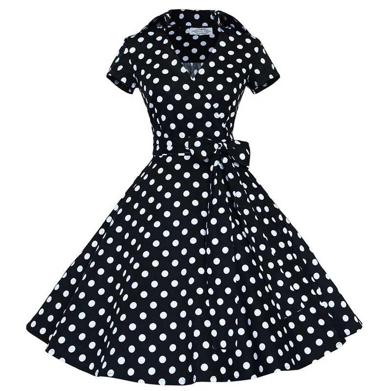 

Hot Plus Size Women Retro Dress 50s 60s Vintage Rockabilly Swing vestidos V neck short sleeves Dot print retro dress