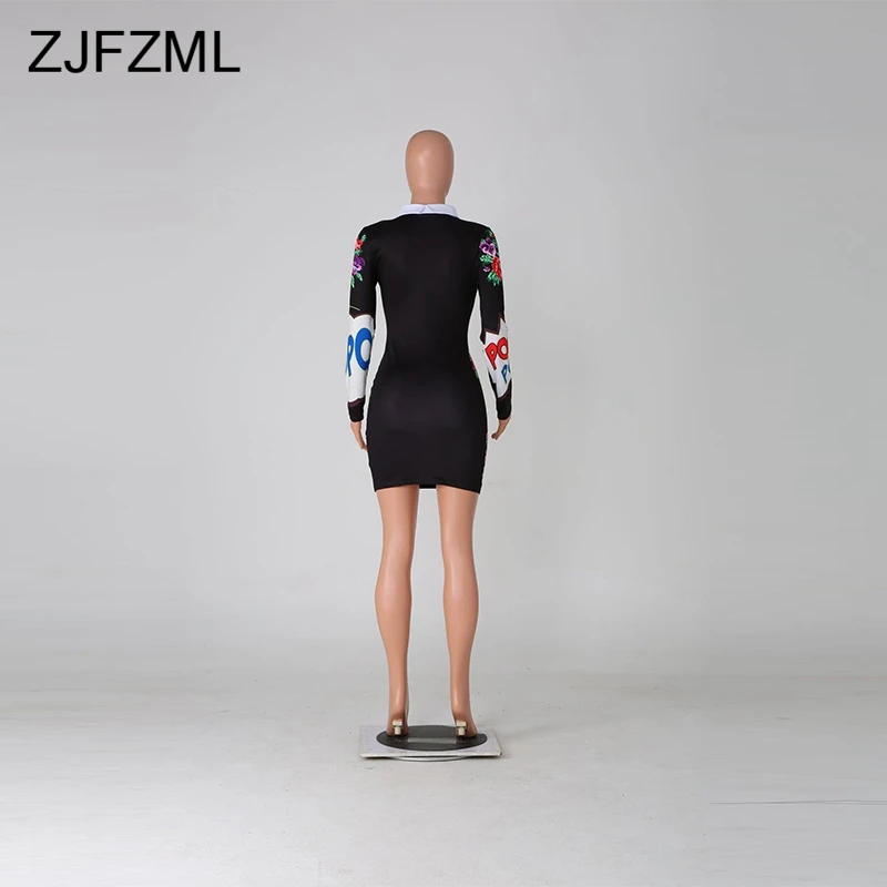 Cute Pattern Printed Peter pan Collar Sexy Women Dresses Long Sleeve Letter Party Dress Femme Club Floral Sheath Mini Robe | Женская