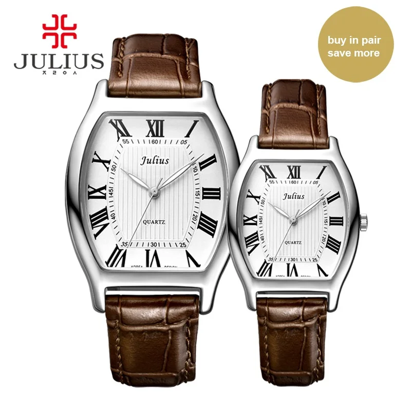 Silver Brown Julius JA-703, часы для влюбленных пар, классические часы с римскими цифрами, пара, подарок на день Святого Валентина, часы с кожаным ремешком в форме тонно - Цвет: Silver Brown