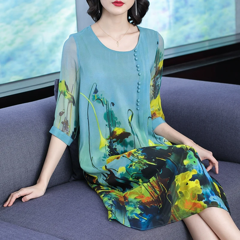 Женское шелковое платье с принтом элегантное свободное большого размера в
