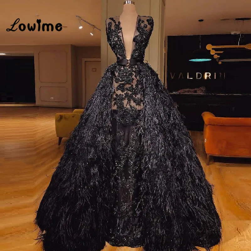 

Black Feather Arabic Evening Dress For Middle East Women Deep V Neck Appliqued Long Elegant Prom Dresses Vestido De Festa Longo
