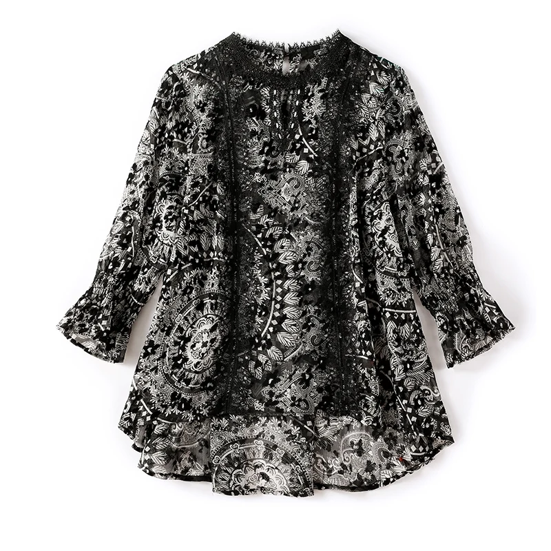 2019 Women's Runway Shirts O Neck Sexy Keyhole Lace Patchwork Printed Ruffles Elegant Blouse Tops |