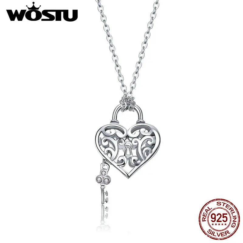 WOSTU 925 пробы Серебряное сердце замок& ожерелье с подвеской в виде ключа Длинная цепочка для женщин Свадьба День святого Валентина ювелирные изделия FIN321
