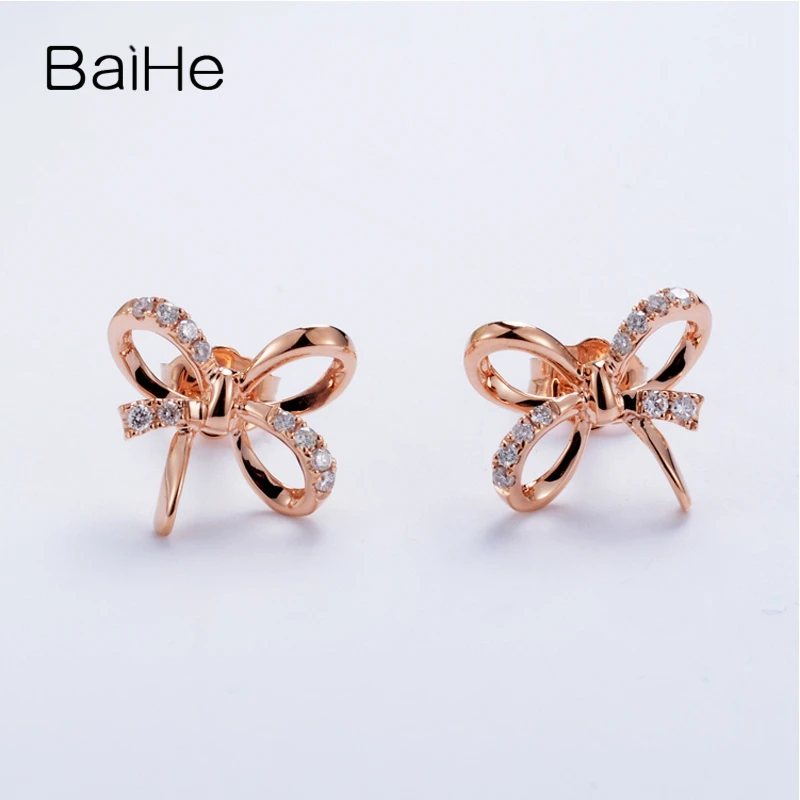 BAIHE Solid 14K розовое золото 0.14ct H/SI натуральные бриллианты обручальные модные ювелирные изделия Элегантные уникальные подарочные серьги-гвоздики с бантом