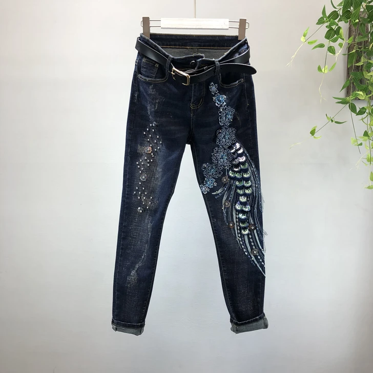 pants Осенняя Женский комплект 2 шт. джинсовая куртка с тяжелой вышивкой бисером и блестками+ джинсы комплект из двух предметов - Цвет: pants