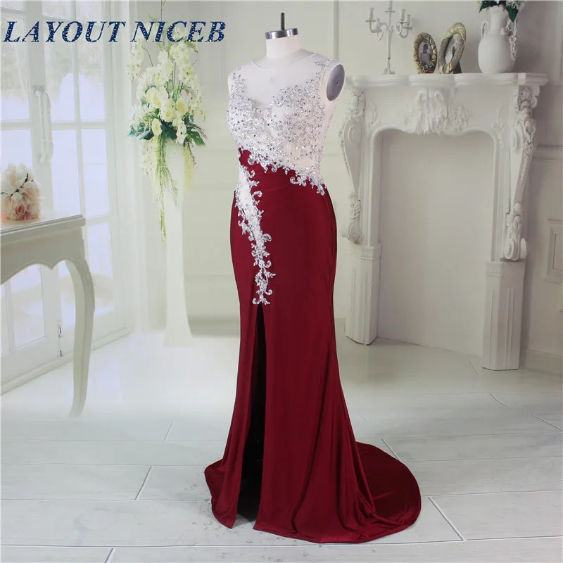 Элегантный халат de Soiree иллюзия вырез спереди раздельное сексуальное бордовое