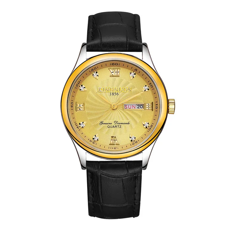 Black Leather gold Мужские часы от ведущего бренда, роскошные часы из нержавеющей стали, часы с датой недели, водонепроницаемые мужские кварцевые часы, деловые мужские часы с бриллиантами Horloge - Цвет: Black Leather gold