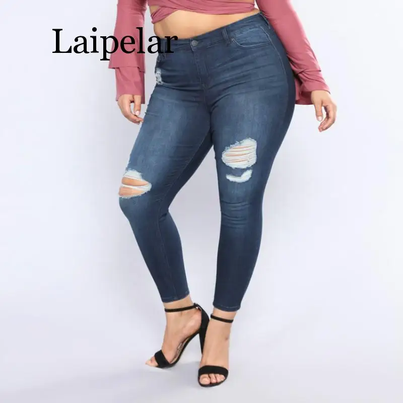 

Джинсы Laipelar женские с высокой талией, модные с дырками, повседневные облегающие винтажные штаны с эластичным поясом, большие размеры 2XL-7XL, н...