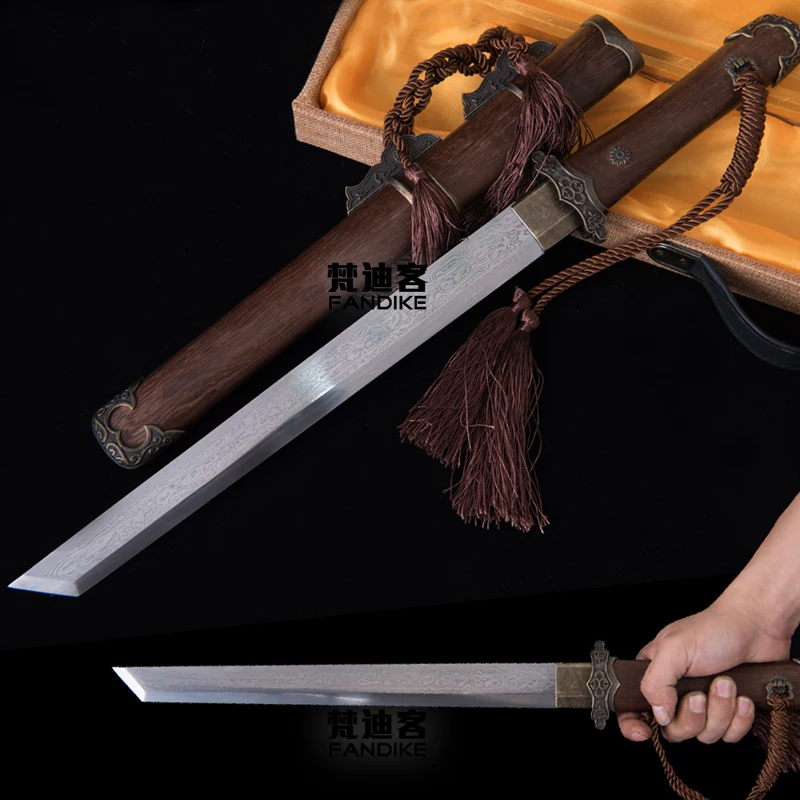 

High quality Handmade Chinese Longquan Short Sword Tang Dynasty Dao wood Handle Scabbard Folded Steel Sharp Blade