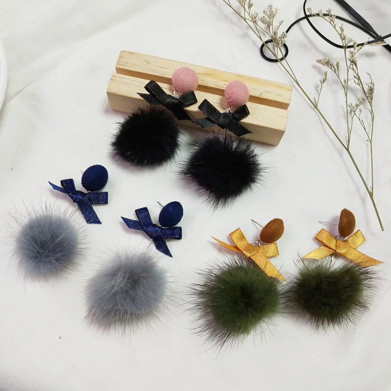 

Cute Bowknot Ball Earrings Personality Wild Simple Hair Ball Earrings Round Long Tassel Earrings Statement Jewelry Gift