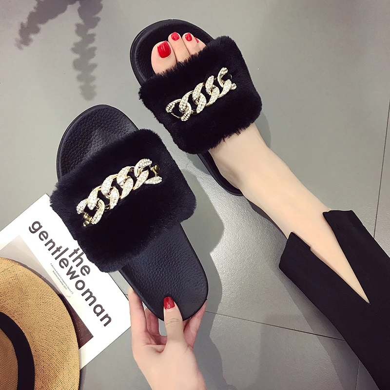 

Famous brand woman fur slippers chains design slides crystal chains sandals fur flip flops woman casual beach shoes fur slippers