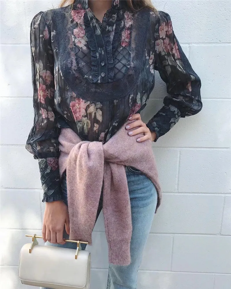 2019 spring new arrive silk women blouse floral print lace full sleeve blouse&ampshirts |