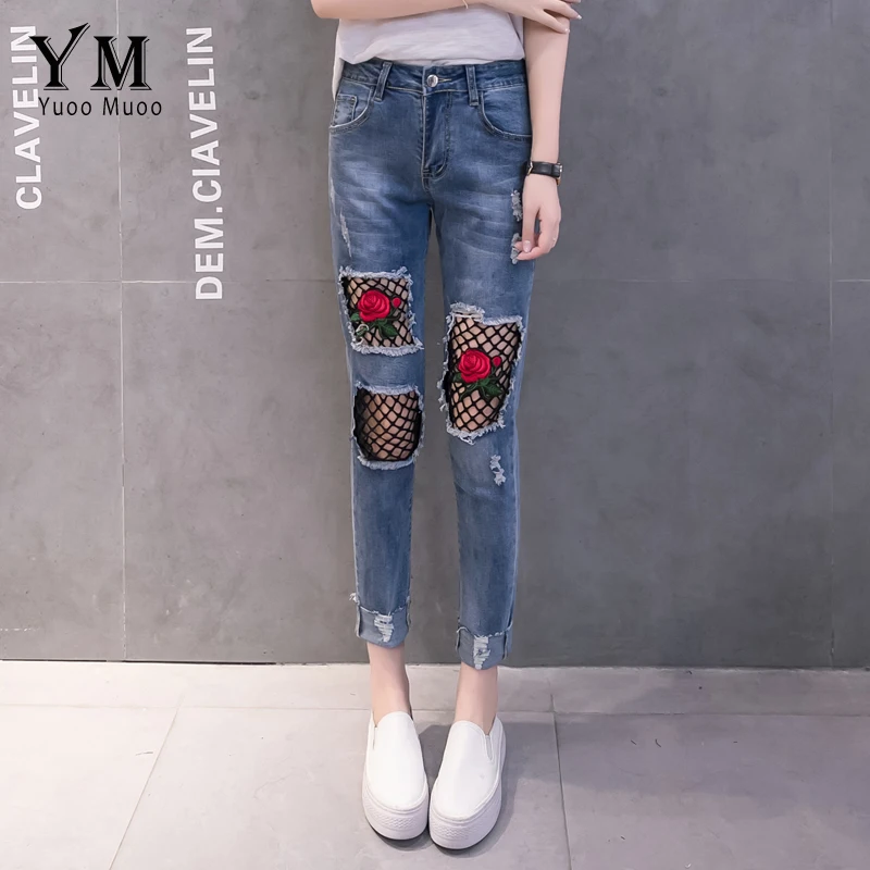 YuooMuoo New Hole Ripped Jeans for Women Fashion Net Design with Embroidery Rose Push Up Woman Denim Pants |