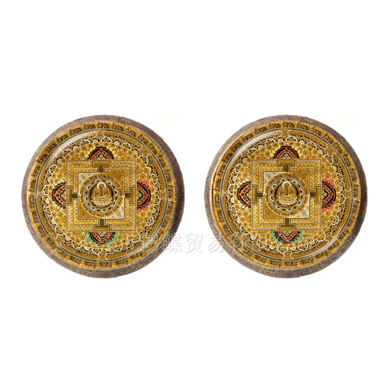 OM Yoga Mandala Stud Earrings 12mm Glass Dome Cabochon Zen Buddhism Mandrake Silver Plated For Women Girls Trendy Gift | Украшения и