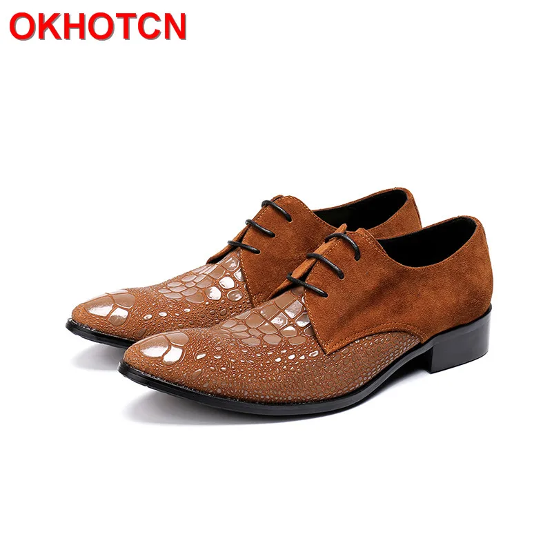 

Brown Cow Leather Men Shoes Lace Up Print Oxford Shoes For Men Fashion Dress Shoes Men OKHOTCN Pointed Toe New Zapatos De Hombre