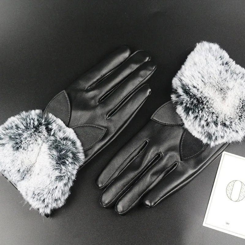 2018 новые женские черные кожаные перчатки осень зима кошачьи ушки теплые кроличьи