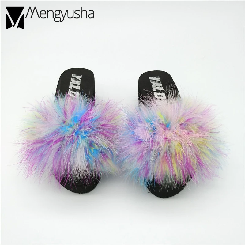 Шлепанцы женские меховые на толстой подошве сланцы с перьями уличная