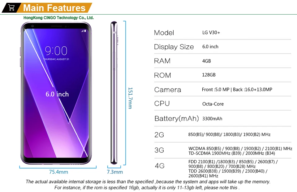 Разблокированный мобильный телефон LG V30 Plus H930DS 4G LTE RAM 4 Гб ROM 128 ГБ Android Dual Sim Octa Core 6," 16 МП и 13 МП 3300 мАч