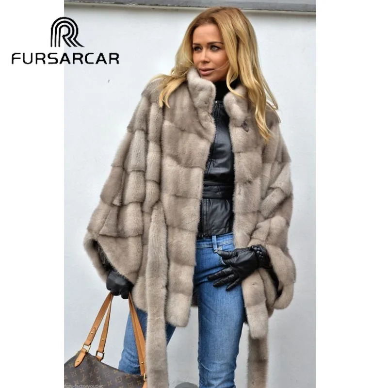 Роскошные новые шубы FURSARCAR из натуральной норки женские зимние в стиле с рукавом