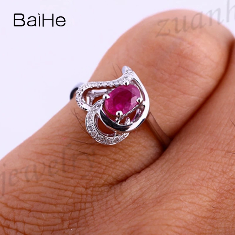 

BAIHE Genuine Ruby Ring Natural Diamond Solid 14k White Gold Attractive Engagement Wedding Band Trendy Women Gift Heart Ring