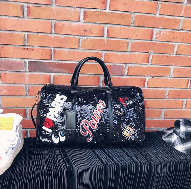 Wobag, модная Женская дорожная сумка, повседневная, с блестками, с буквами, мужская, на плечо, Диагональная Сумка, Большая вместительная, Черная/Розовая/серебристая, для улицы