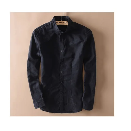 Для мужчин со стоячим воротником льняные рубашки с длинным рукавом Мужская