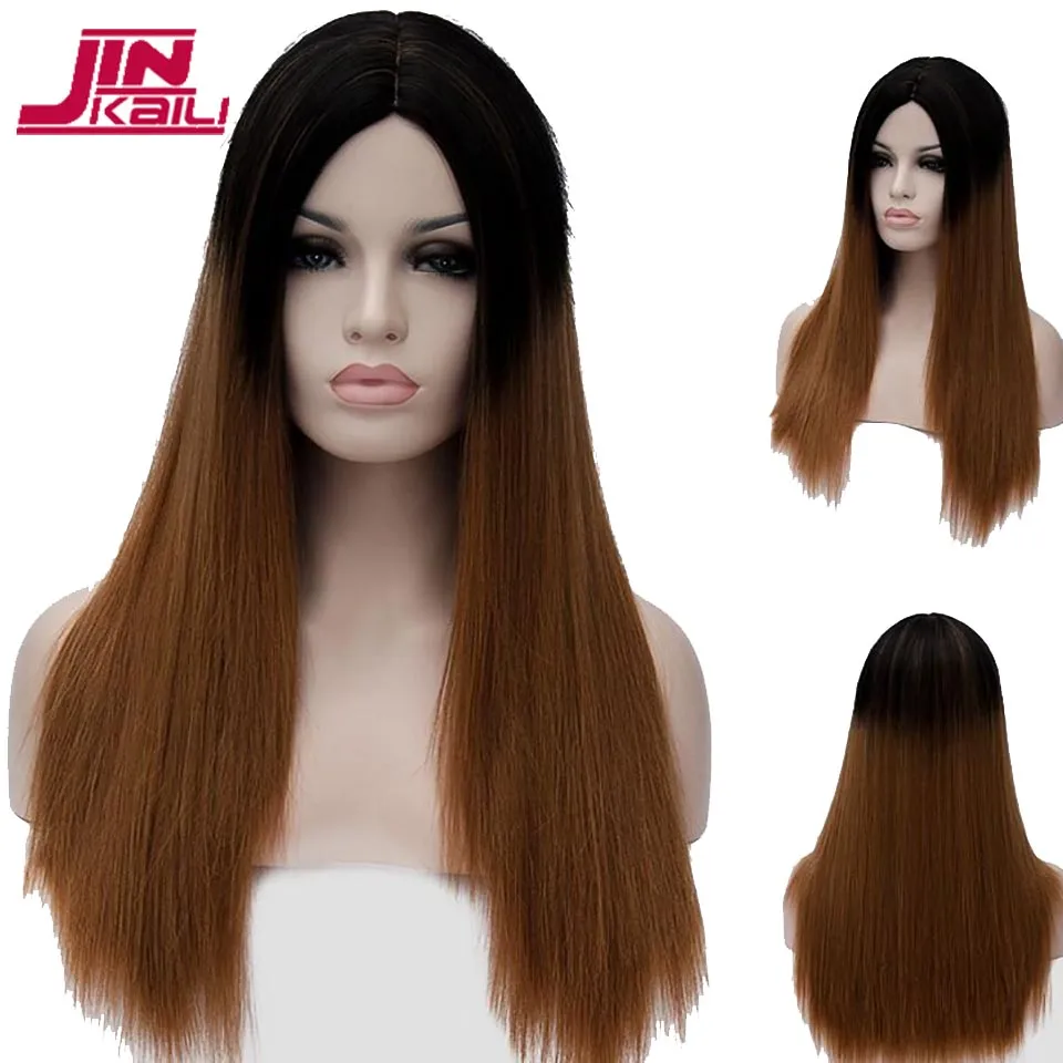 JINKAILI Ombre розовый блонд коричневый прямые длинные парики для женщин средние темные корни термостойкие синтетические Косплей Повседневный парик