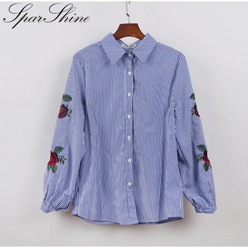 2019 Новый Blusas роза с вышитыми цветами в полоску Блузки Женская рубашка длинными
