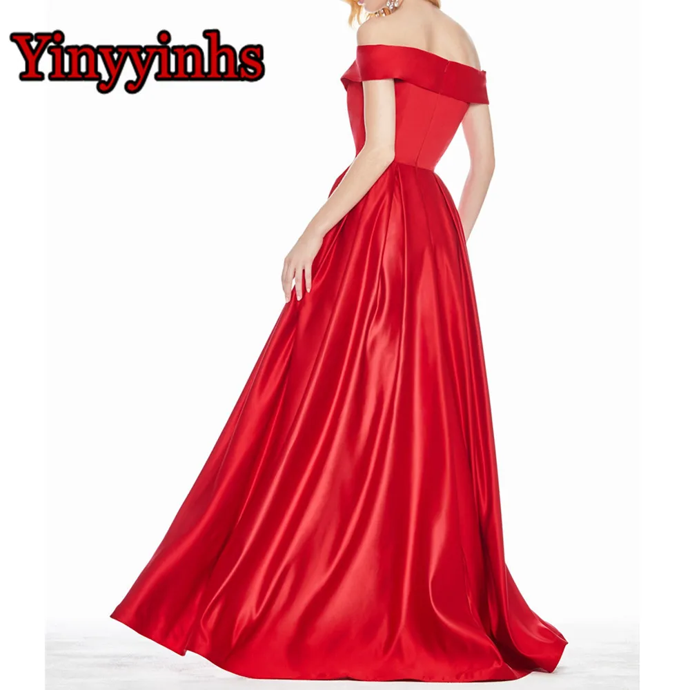 

Yinyyinhs Women's Off Shoulder A Line Prom Dresses Long Satin Evening Pageant Gowns Vestido de Festa Party Dress with Pockets