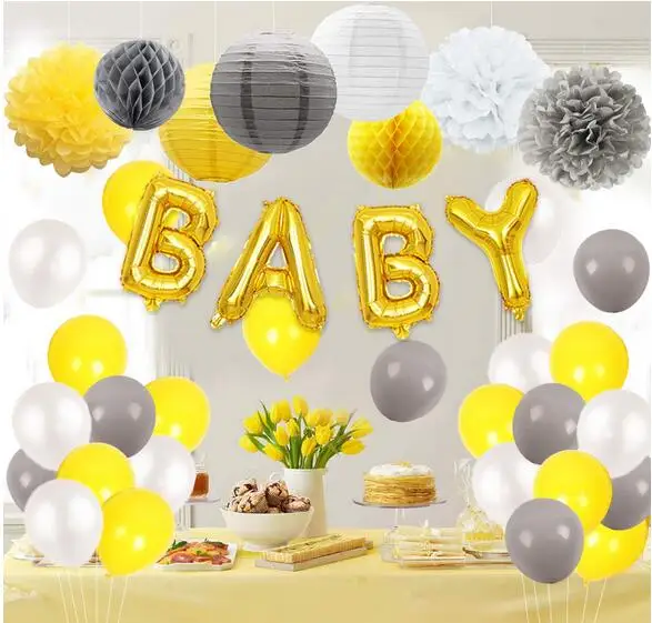 Baby Shower украшения желтый и серый с воздушные шары с буквой, тканевая бумага помпоны и бумажный фонарь декор для вечеринки в честь Дня Рождения