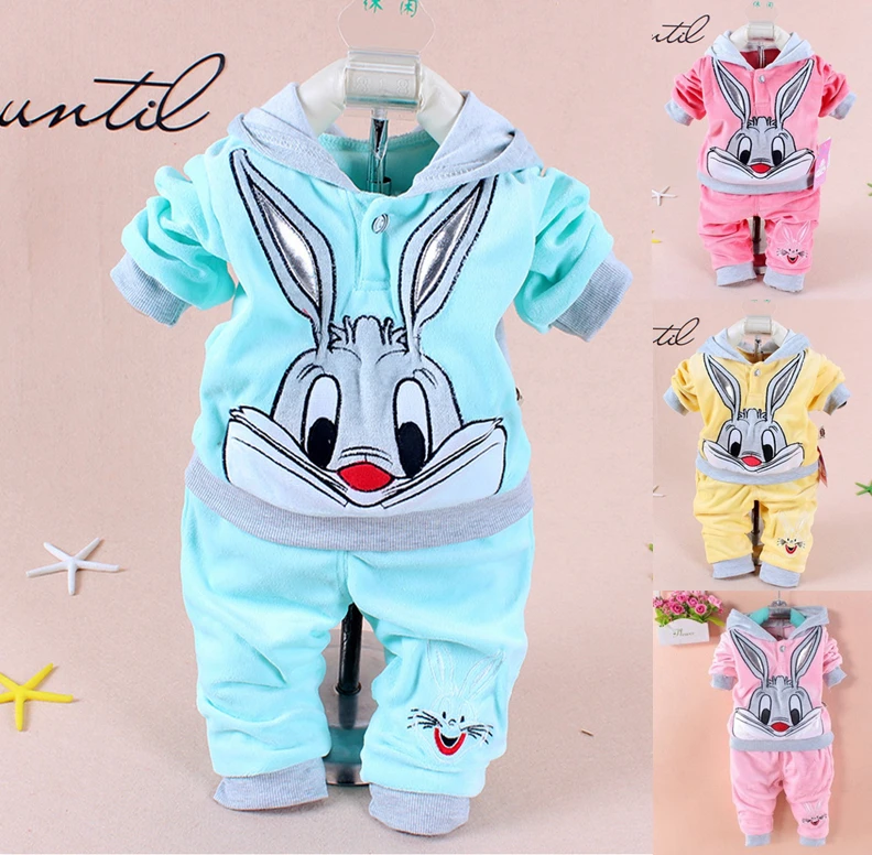 

Drop shipping 1 Sets retail. 2016 Spring/Autumn baby set cartoon rabbit velvet set twinset long sleeve set hoodie and pant child