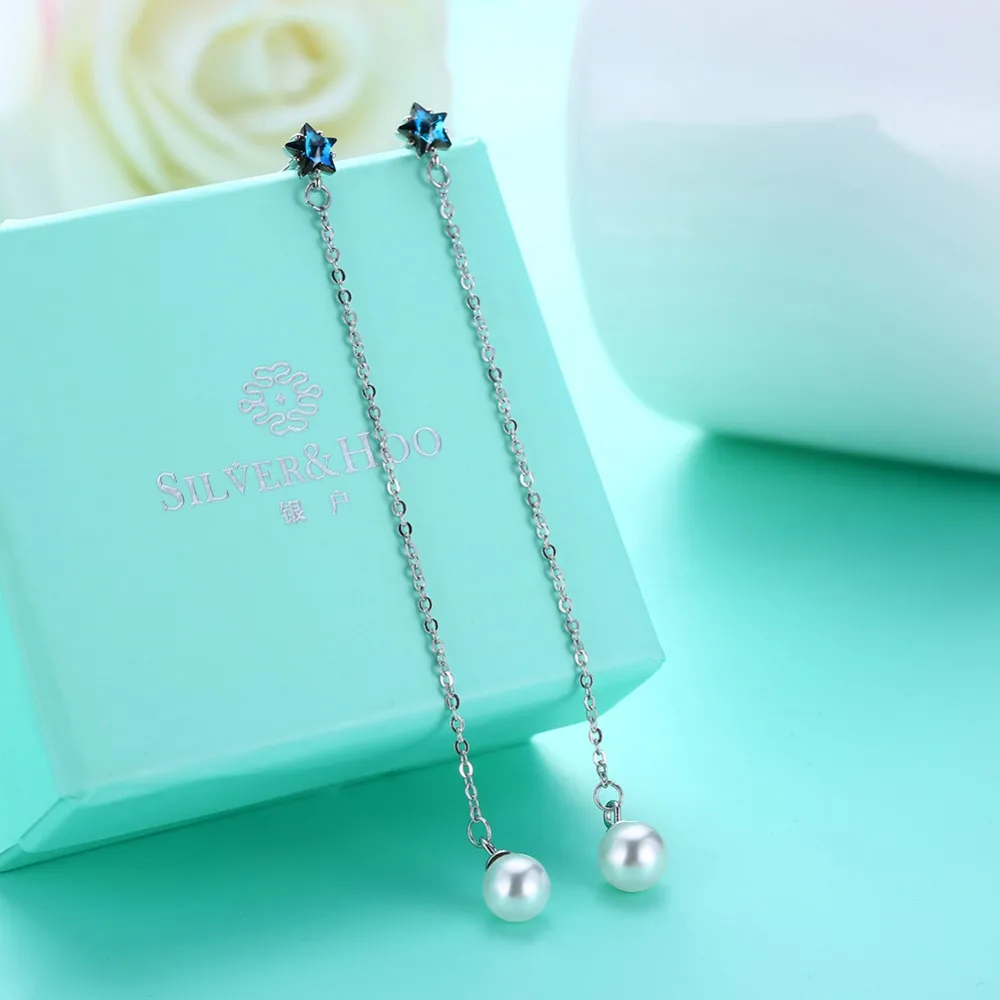 Серьги кисточки женские из серебра 925 пробы с кристаллами и жемчугом