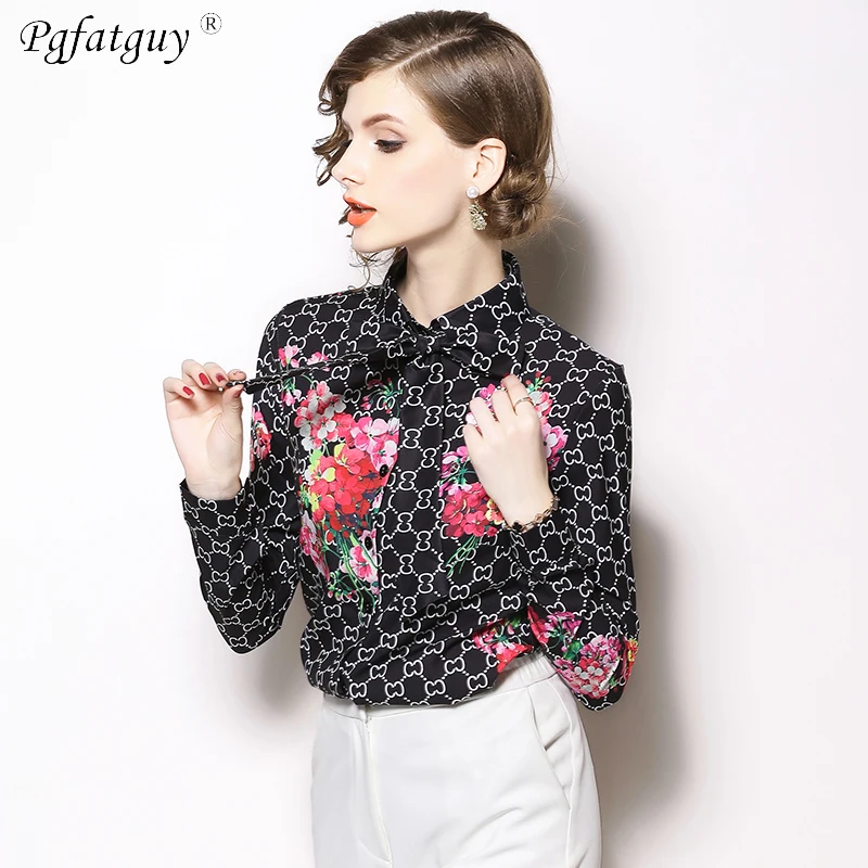 Elegant Office Lady Turn Down Collar Tied Neck Floral Geometric Printing Blouse Spring Women Button Loose Tops And Blouses
