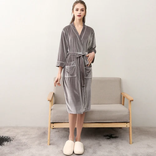 Grey Women SSH0291 осенне-весенний мужской женский халат однотонный бархатный халат унисекс для влюбленных пар сексуальное ночное белье с v-образным вырезом ночное белье размера плюс - Цвет: Grey Women
