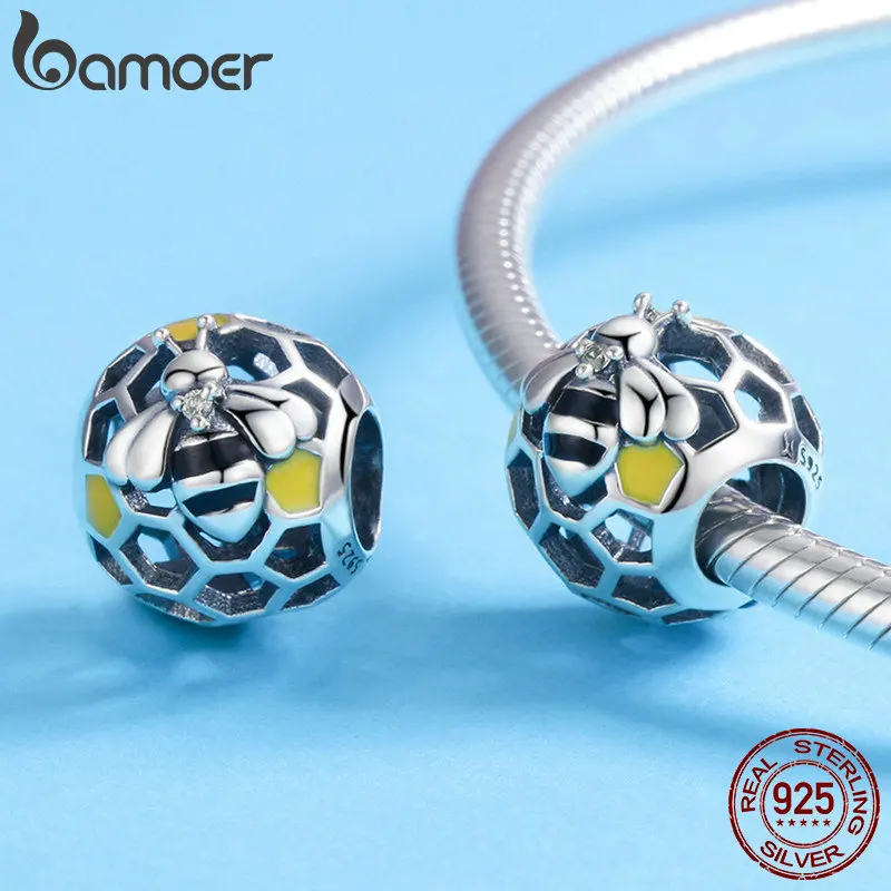 BAMOER модные 925 пробы серебряные Соты пчелы Круглые Подвески Бусины Подходят для женщин браслет DIY ювелирных изделий Аксессуары SCC779