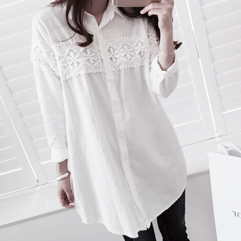 Korean Lace Patchwork Fashion Midi Loose Blouses Elegant Solid Full Sleeve Clothings Sexy Chic Button Casual blusas | Женская одежда