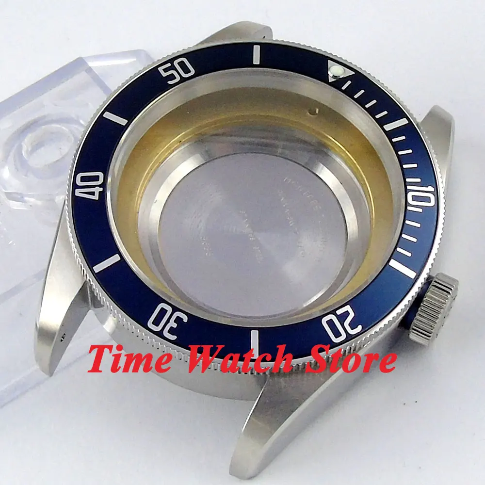 Чехол для часов 41 мм с синей вставкой и сапфировым стеклом водостойкий подходит