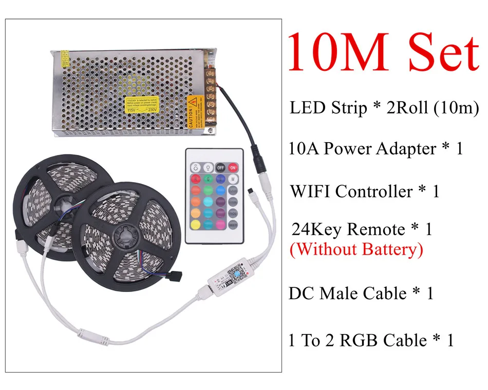 BEILAI 5050 RGB Светодиодная лента Водонепроницаемая 5 м 10 м 15 м 20 м DC 12 В светодиодный светильник 60 Светодиодный/м с 24Key Wifi контроллер Поддержка музыки - Испускаемый цвет: 10M Set