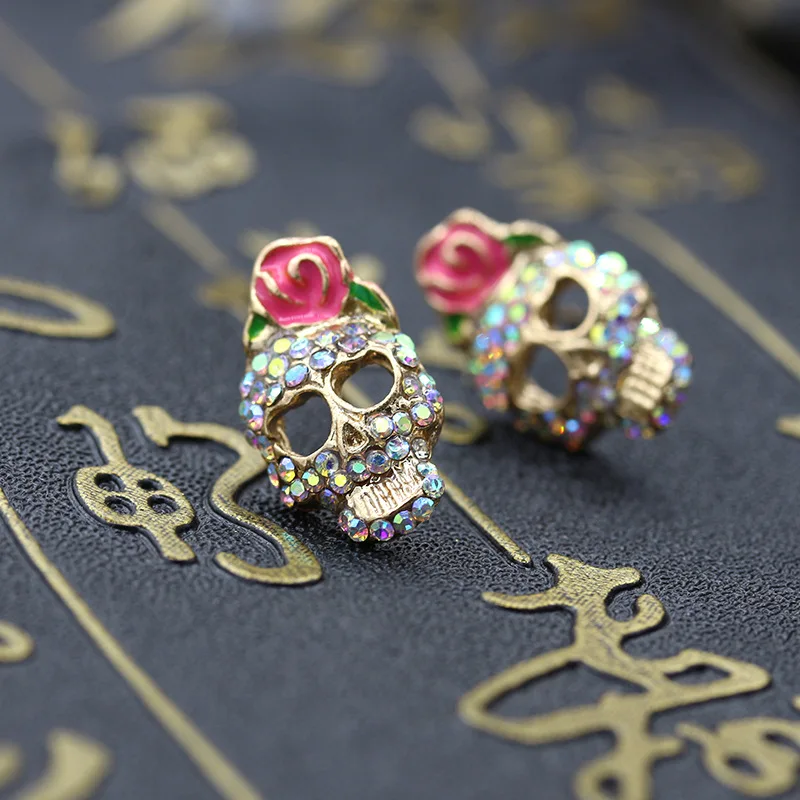 Женские модные аксессуары 1 пара милые розовые стразы в виде черепа серьги