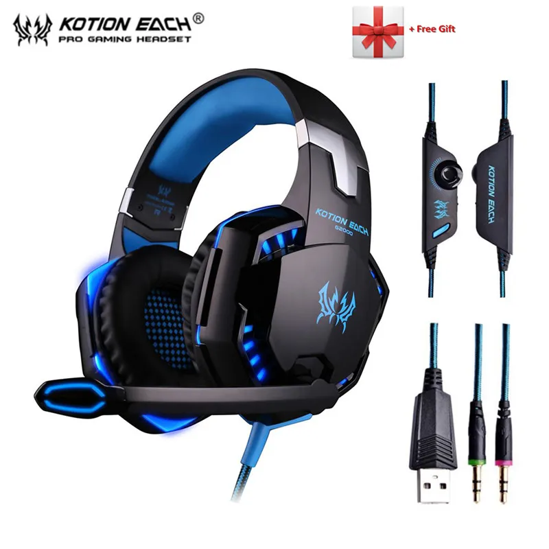 G2000 blue KOTION EACH G2000 игровая гарнитура проводные наушники стерео Hifi геймерские наушники с микрофоном светодиодный светильник светящиеся музыкальные гарнитуры - Цвет: G2000 blue