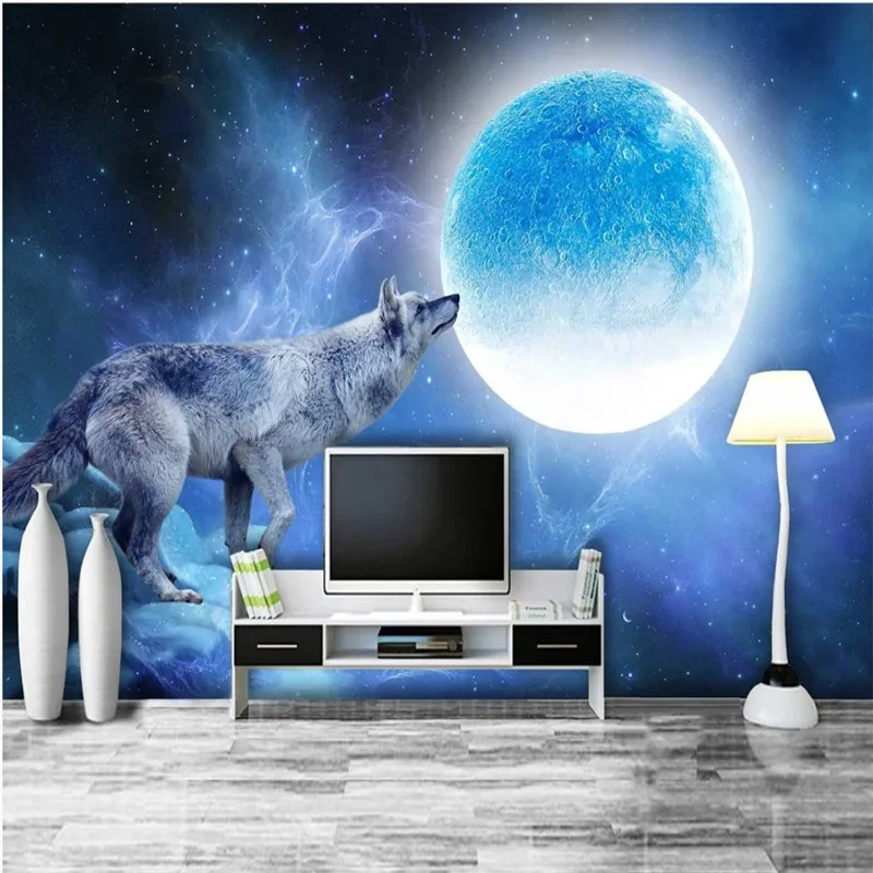

Фотообои с волком, смотрящим на Круглую луну, мечтательное звездное небо, Креативные украшения для гостиной и спальни, 3D Настенные обои, дом...