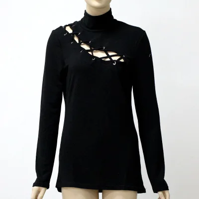 Женская Весенняя Водолазка с длинным рукавом футболки вырезами и завязками на