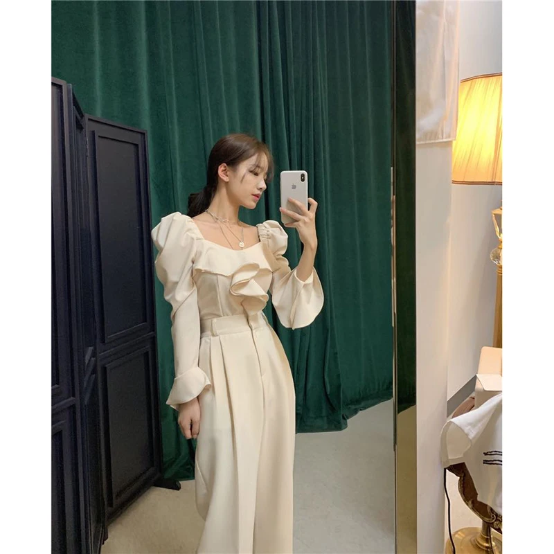 Топ с женский комплект 2 шт. рукавами и рюшами + широкие штаны поступление