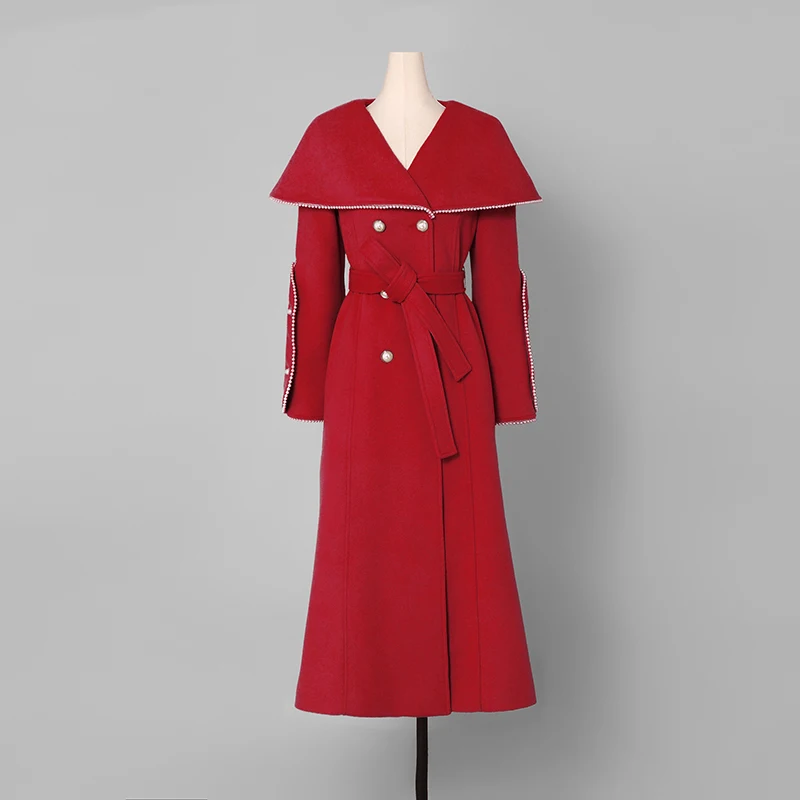 Vintage 2018 autumn winter fashion long outerwear ladies elegant Double breasted Belted wool coat cloak Red Woolen Blends AB115 | Женская